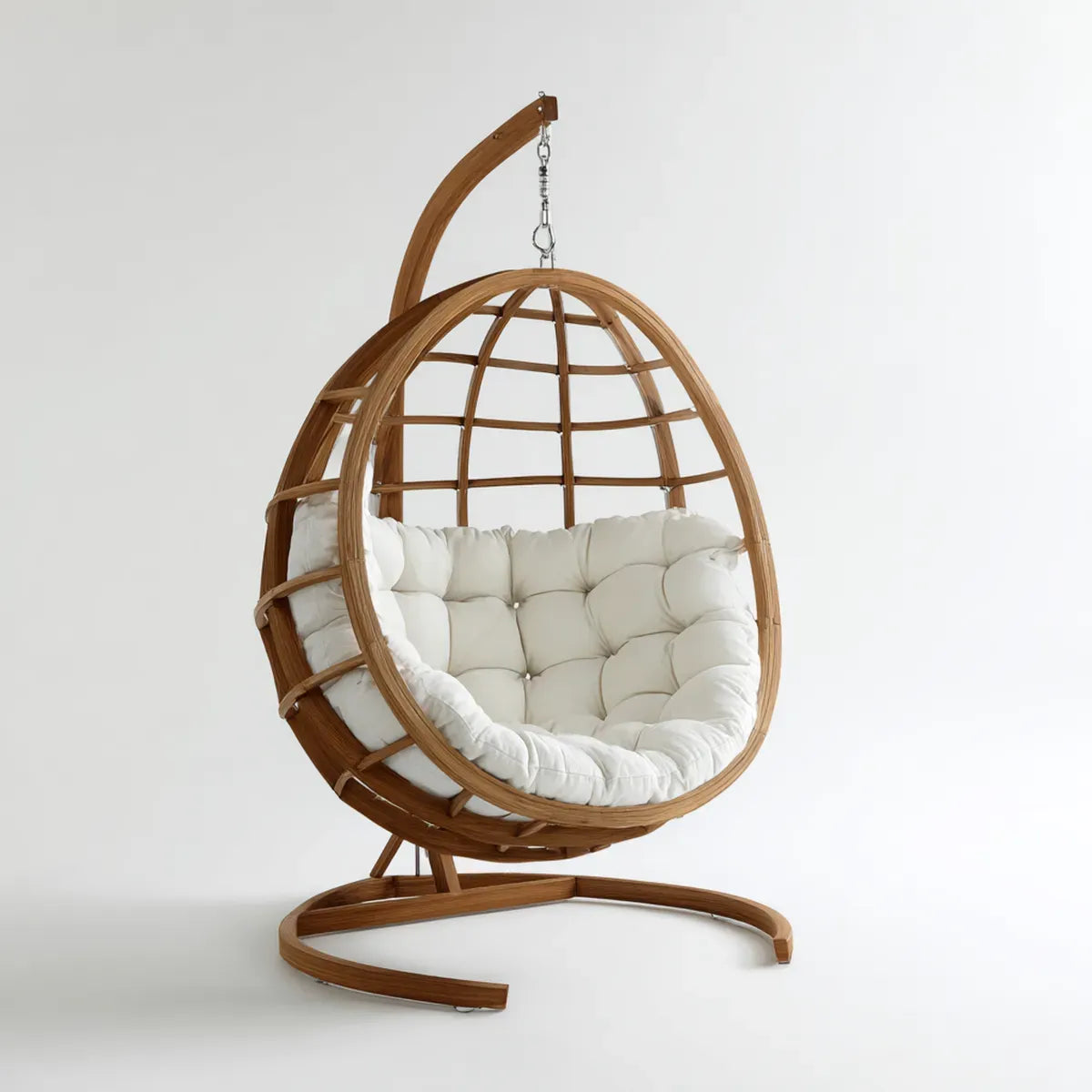 Hamak lub fotel wisz?cy, Br?zowy owalny ogr¨®d wisz?cy fotel z bia?ym bambusowym poduszki 195 x 120 x 110 cm