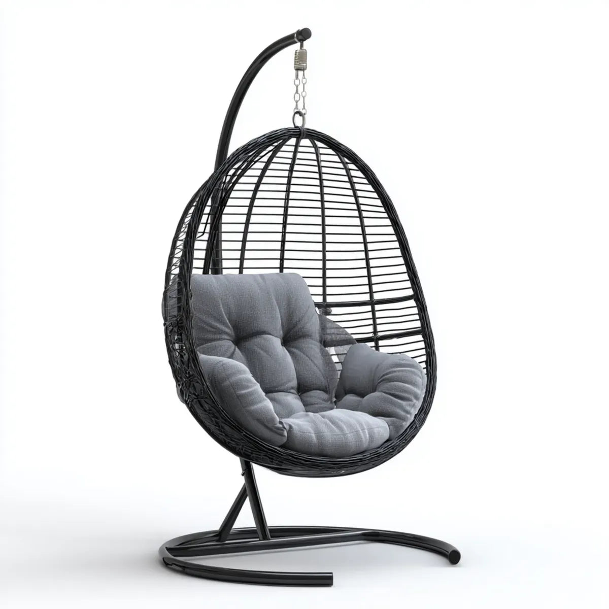 Hamak lub fotel wisz?cy, Czarny owalny ogr¨®d wisz?cy fotel z szar? poduszk? w rattanie PE i stali 105 x 105 x 195 cm
