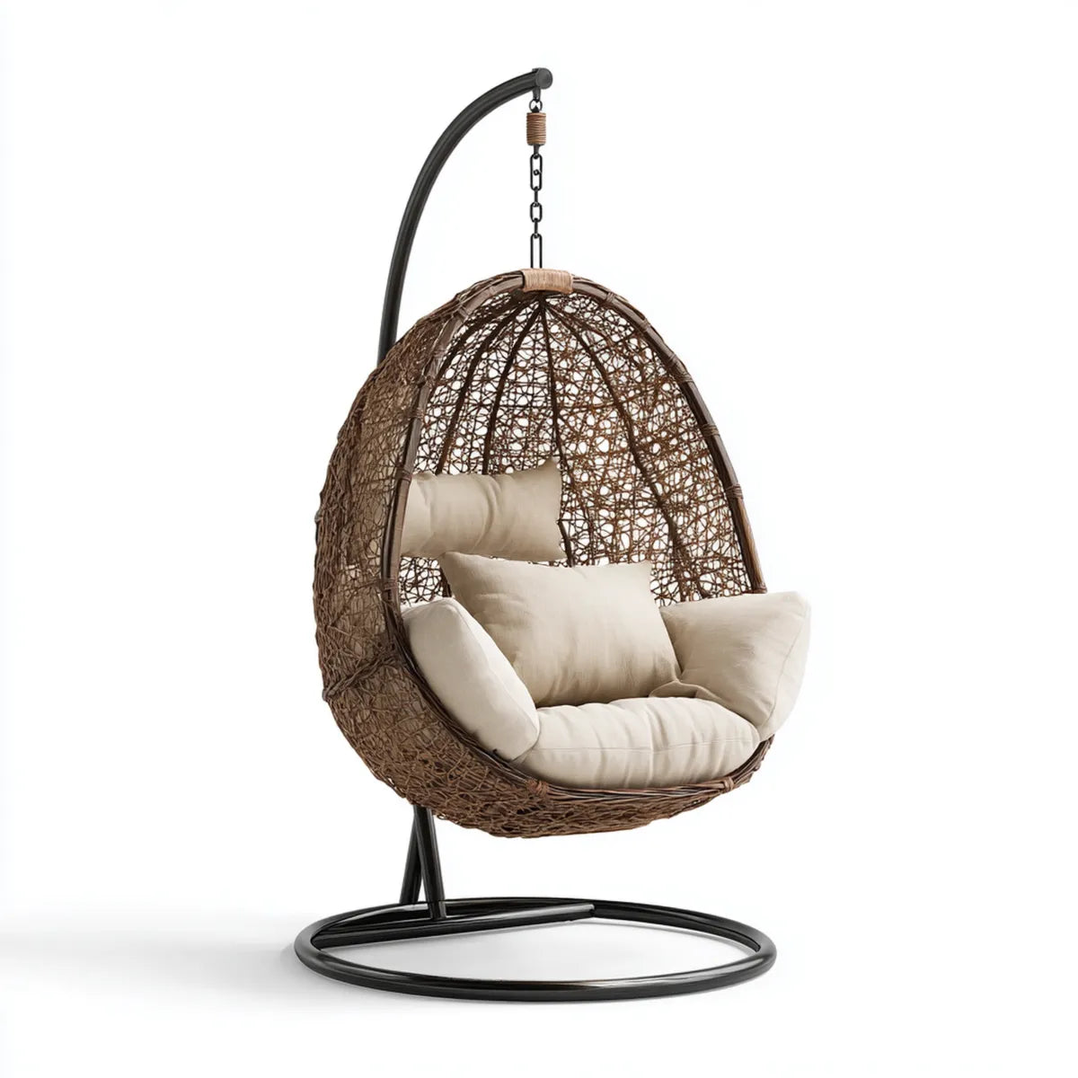 Hamak lub fotel wisz?cy, Ogr¨®d wisz?cy fotel z czarnym br?zowym i be?owym podparciem w stali i syntetyczny rattan owalny 105 x 105 x 195 cm