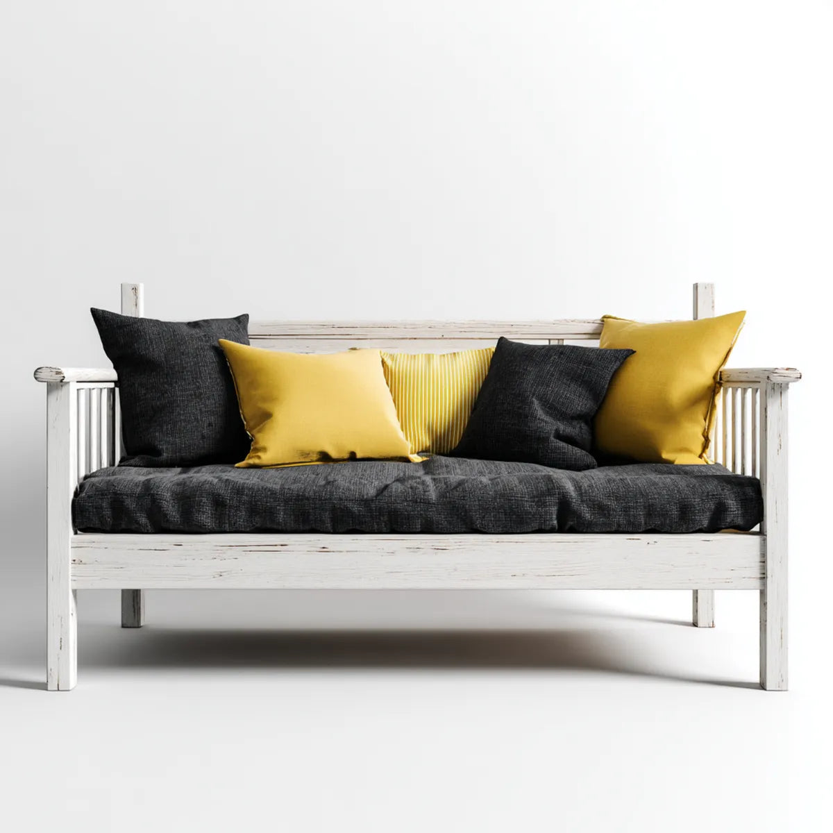 Sofa 2 bia?e siedzenia z czarno-?¨®?tymi poduszkami w litej sosnie i poliestrze 120 x 65 x 85 cm
