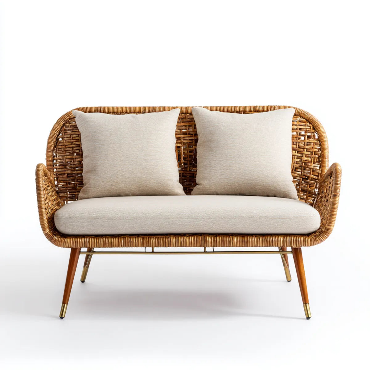 Sofa ogrodowa, Taras sofa 2-osobowa naturalna rattan be?owy poliester 120 x 65 x 82 cm zaokr?glona