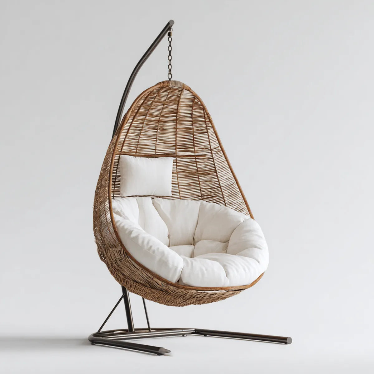 Hamak lub fotel wisz?cy, Ogr¨®d wisz?cy fotel z br?zowym i bia?ym podparciem w rattanie naturalnym i stali 105 x 105 x 195 cm