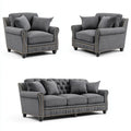Sofa, Zestaw sofa 3 fotele i 2 szare fotele poliestrowe ze studsami 213 x 91 x 91 cm i 102 x 91 x 91 cm
