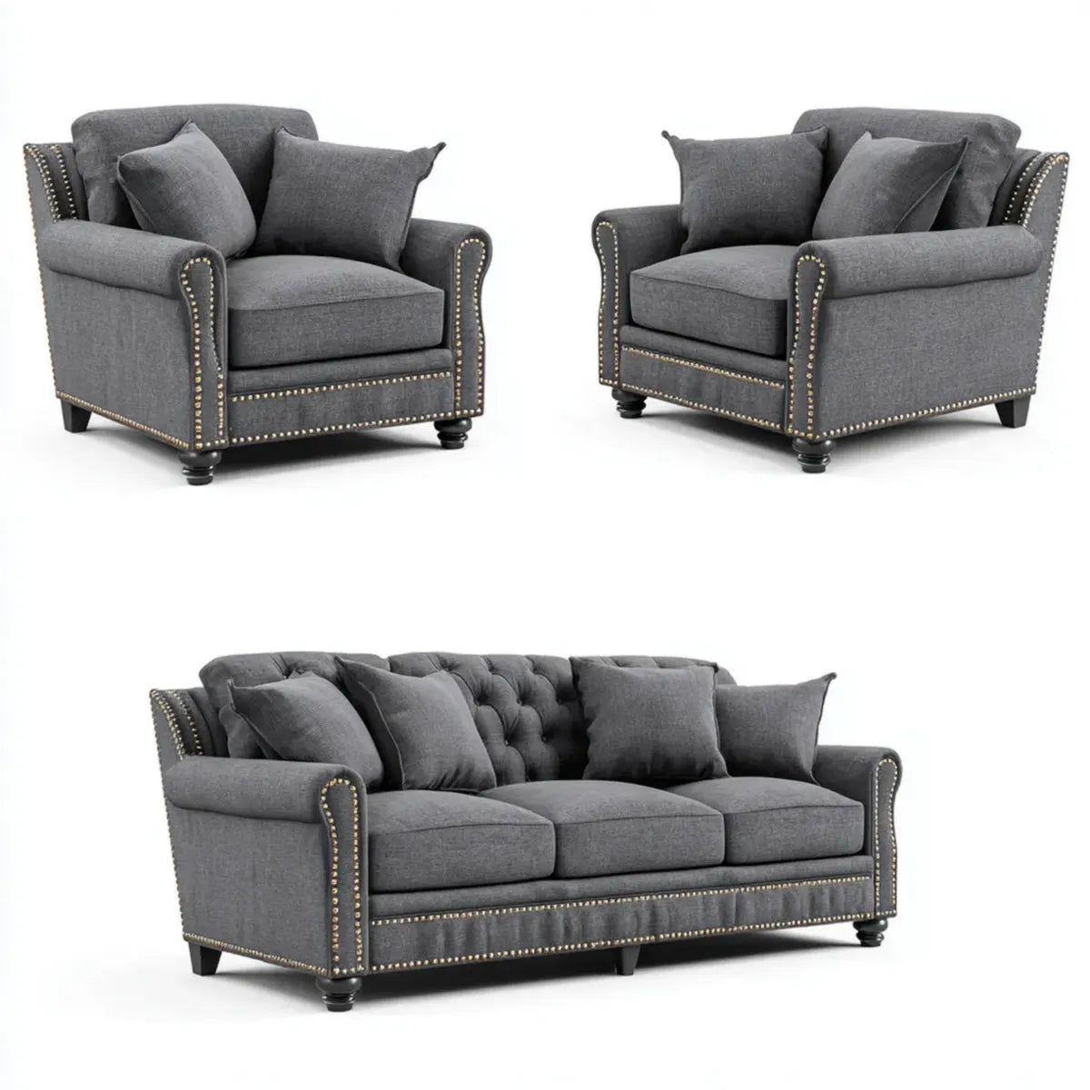 Sofa, Zestaw sofa 3 fotele i 2 szare fotele poliestrowe ze studsami 213 x 91 x 91 cm i 102 x 91 x 91 cm