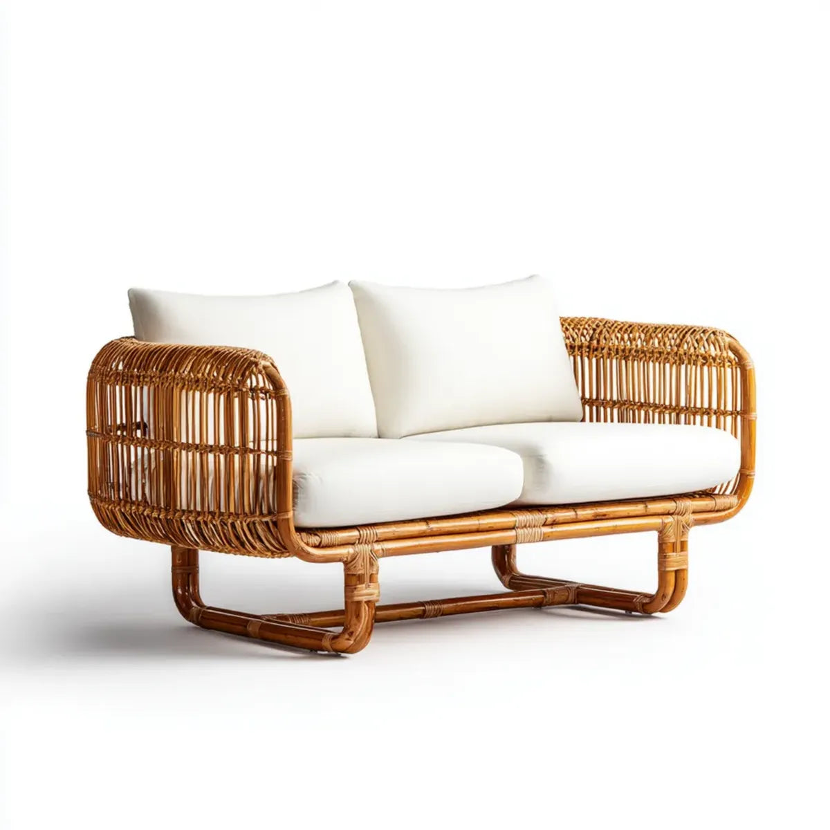 Sofa ogrodowa, Taras sofa 2-fotelik Naturalna br?zowy bia?y 140 x 75 x 78 cm rattan prostok?tna