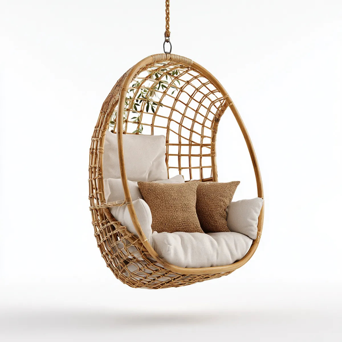 Hamak lub fotel wisz?cy, Br?zowy naturalny rattan owalny ogr¨®d wisz?ce fotel z poduszki ecru 105 x 75 x 125 cm
