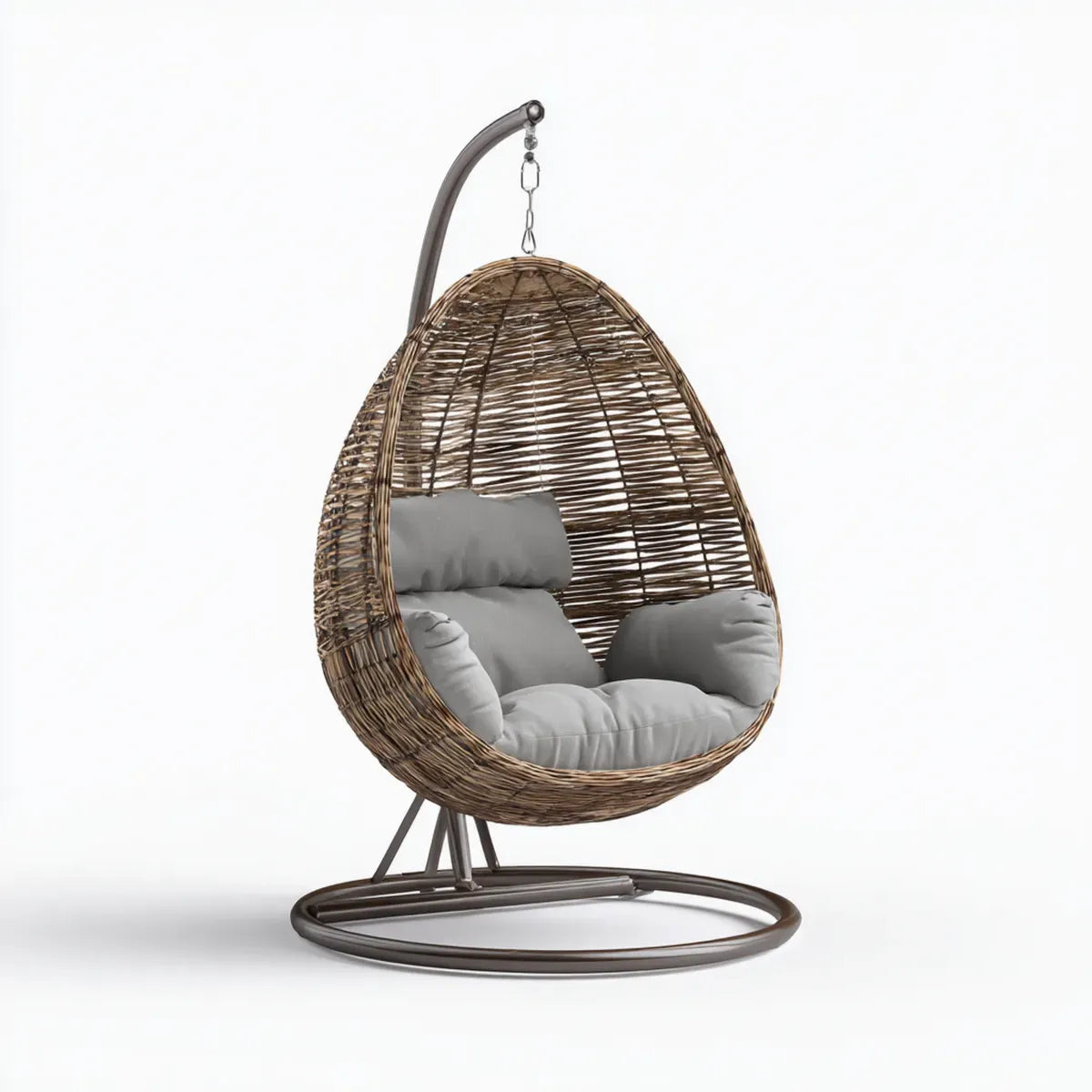 Hamak lub fotel wisz?cy, Ogr¨®d br?zowy wisz?cy fotel z szarymi poduszeczkami wiklinowymi i owaln? stal? 105 x 105 x 195 cm